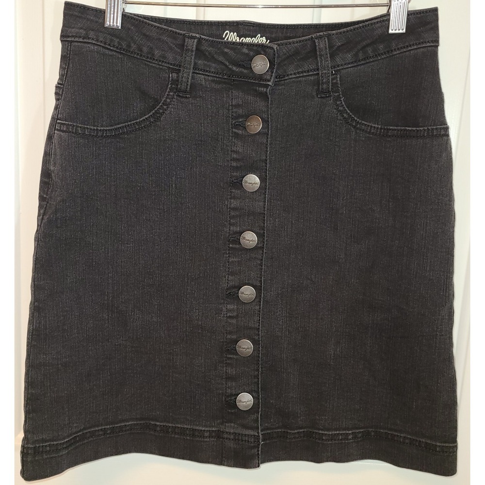 Wrangler A Line Mini Skirt Womens 8 Black Denim Button Front Jean Cowgirl Nite
